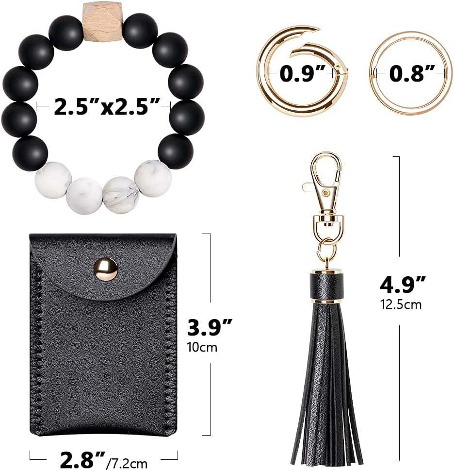 Keychain Bracelet Wristlet, Silicone Beaded Key Ring Bracelet with Card Wallet, Elastic Keyring Bangle for Womens