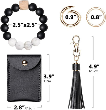 Keychain Bracelet Wristlet, Silicone Beaded Key Ring Bracelet with Card Wallet, Elastic Keyring Bangle for Womens
