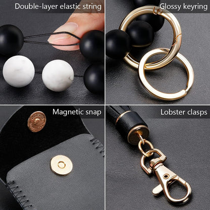 Keychain Bracelet Wristlet, Silicone Beaded Key Ring Bracelet with Card Wallet, Elastic Keyring Bangle for Womens